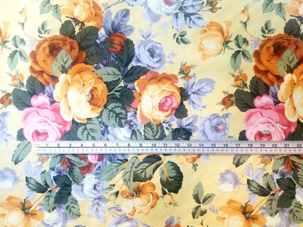Pink, Green, BluePink, yellow, blue, green, orange Floral Silk-Screened Fabric by Rubelli with Ruler
