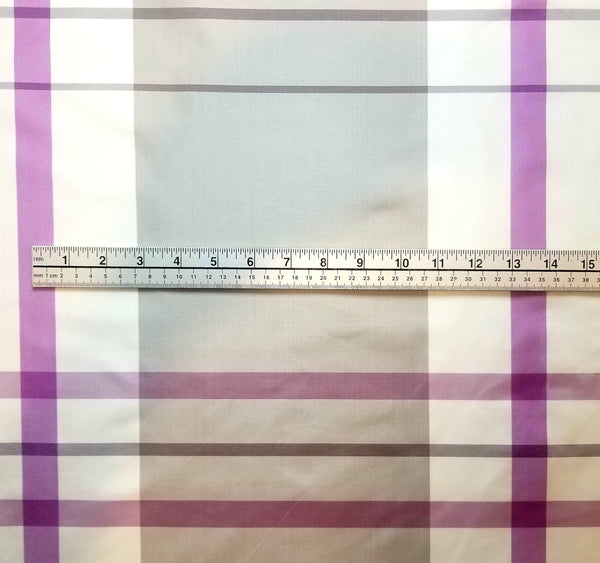 Mauve, Grey, and Cream Silk Taffeta Plaid Fabric by Kravet Couture with Ruler