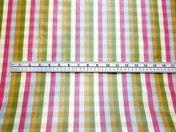 Pink, Blue, Gold, and Green Silk Taffeta Check Fabric by Beacon Hill with Ruler to show Pattern repeat