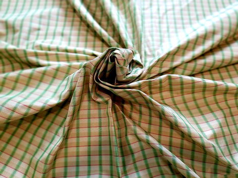 Green, Cream, Tan, and Red Silk Taffeta Plaid Fabric by Beacon Hill