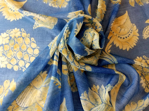 Blue and Yellow Printed Sheer Polyester Fabric