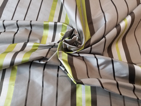 Chartreuse, Tan, Chocolate, and Taupe Ribbon-Striped Silk Taffeta Fabric by Scalamandre