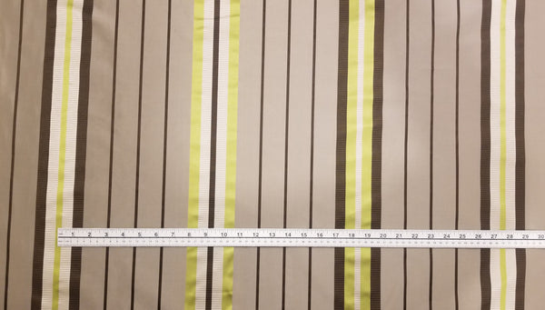 Chartreuse, Tan, Chocolate, and Taupe Ribbon-Striped Silk Taffeta Fabric by Scalamandre with ruler