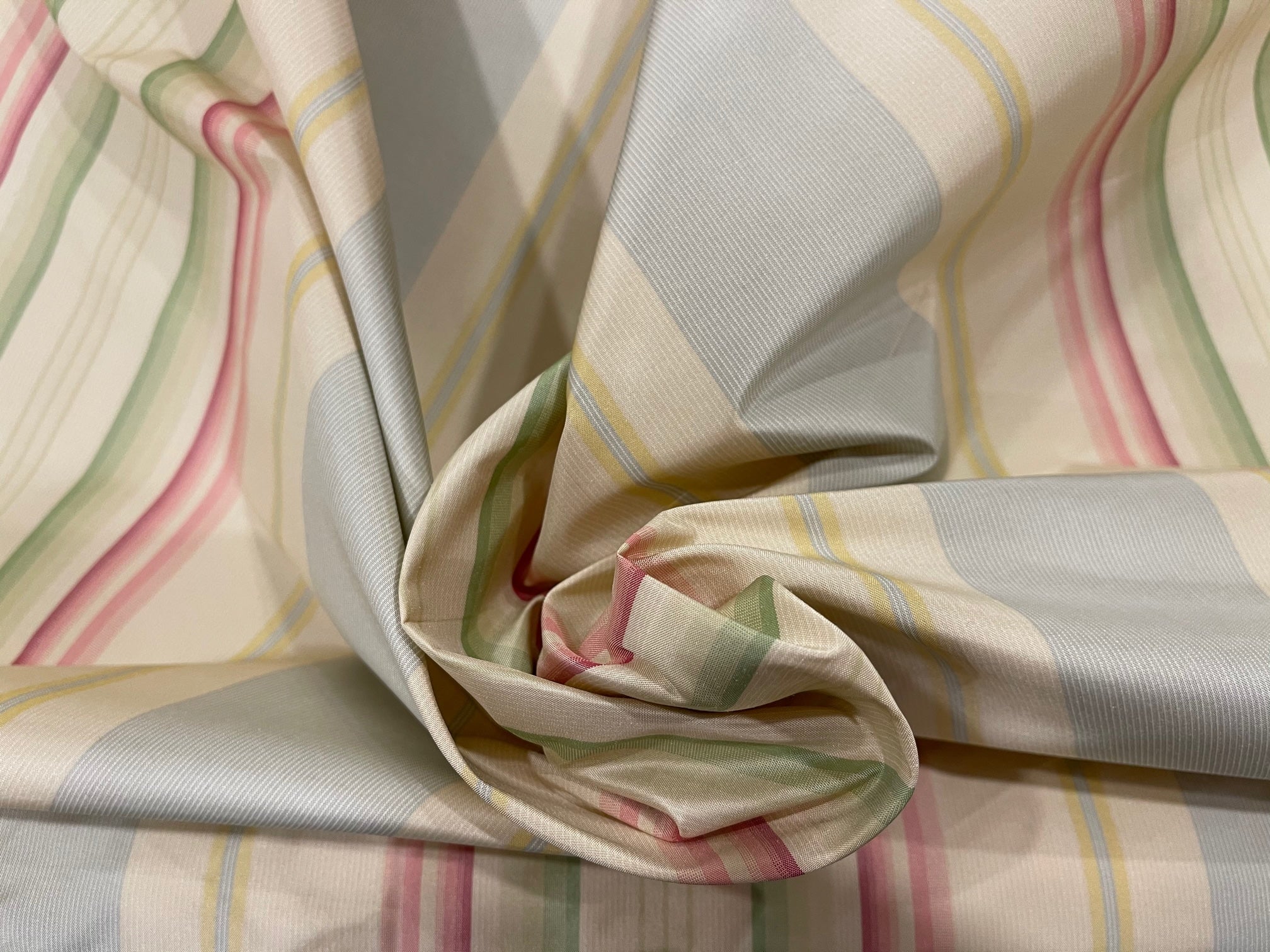 Pink, Grey, Green Striped Silk Taffeta Fabric by Beacon Hill