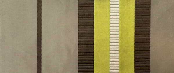Chartreuse, Tan, Chocolate, and Taupe Ribbon-Striped Silk Taffeta Fabric by Scalamandre close up photo